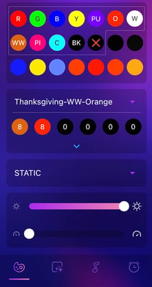 Trimlight edge app showing orange and warm white pattern on screen