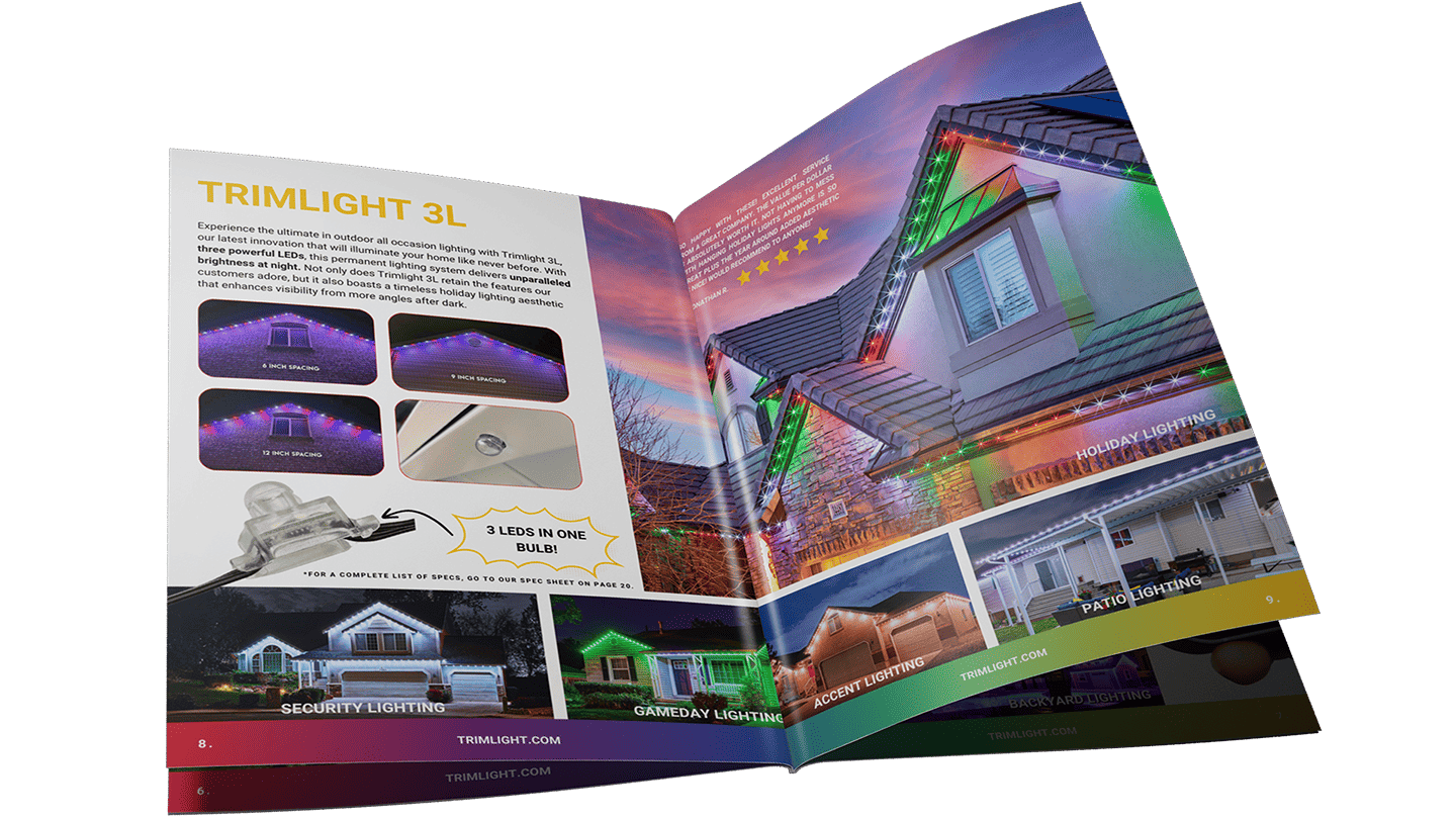 Trimlight brochure showcasing trim lighting products and permanent holiday lighting.