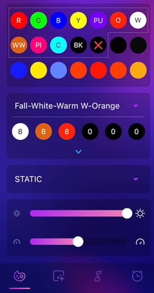 Trimlight edge app showing white, orange, and warm white pattern on screen